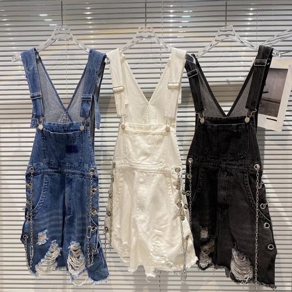 women's shorts street trend metal chain denim overall 2021 summer bandage break casual strap, White;black
women's shorts street trend metal chain denim overall 2021 summer bandage break casual strap, White;black