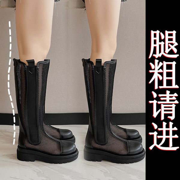 boots summer red hollow out bottom fat mm high barrel thick leg knight breathable net large female boots, Black
