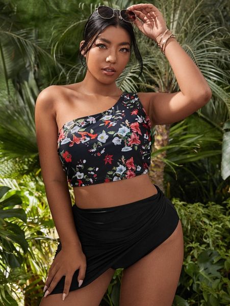 3pack plus floral one shoulder bikini swimsuit & beach skirt 04de#, Black
3pack plus floral one shoulder bikini swimsuit & beach skirt 04de#, Black
