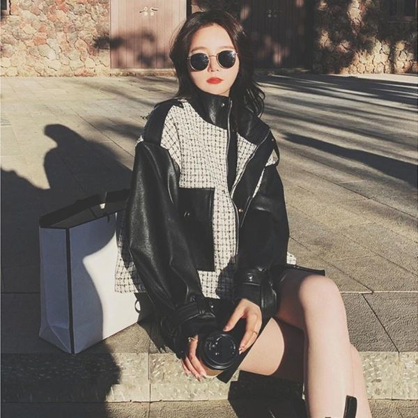 women's jackets street high women pu leather jacket stand collar loose patchwork tweed short coat 2022 spring outwear long sleeve biker, Black;brown
women's jackets street high women pu leather jacket stand collar loose patchwork tweed short coat 2022 spring outwear long sleeve biker, Black;brown