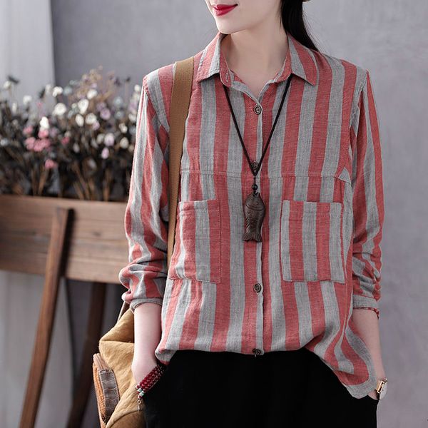 spring arts female sleeve long striped shirts double pocket design cotton linen blouse plus size s688, White
spring arts female sleeve long striped shirts double pocket design cotton linen blouse plus size s688, White