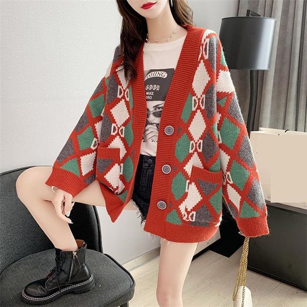 knits ladies sweater coat women autumn winter korean loose v-neck diamond plaid black cardigan knitted, White
knits ladies sweater coat women autumn winter korean loose v-neck diamond plaid black cardigan knitted, White