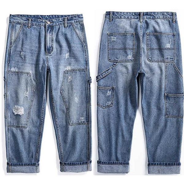 men beggar jeans big pocket ripped mens streetwear denim pant patch collage cropped straight ankle-length pants men's, Blue
men beggar jeans big pocket ripped mens streetwear denim pant patch collage cropped straight ankle-length pants men's, Blue