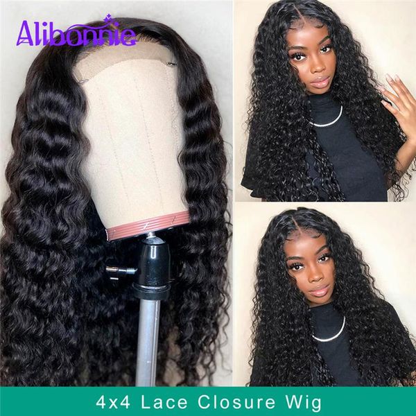 lace wigs alibonnie 13x6 front human hair pre plucked remy 4x4 water wave wig natural with baby high density, Black;brown