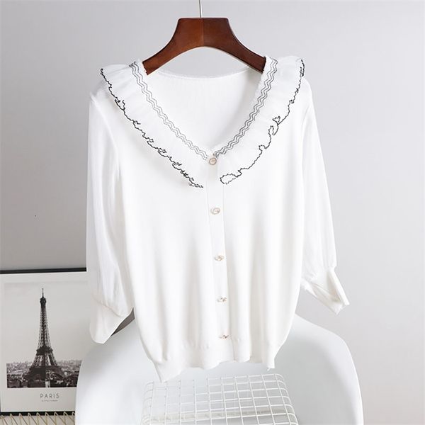 women's knits & tees 2021 spring arrival ruffles sweet sweater women v-neck ice silk knitted pullover white black fashion 735
women's knits & tees 2021 spring arrival ruffles sweet sweater women v-neck ice silk knitted pullover white black fashion 735