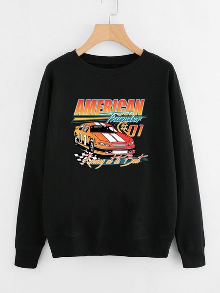 plus car and slogan graphic pullover e9i8#, Black