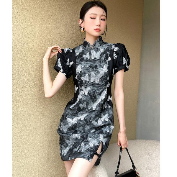 luxury casual dresses 2021 summer black butterfly jacquard stitching chine style bubble sleeve improved cheongsam short drs, Black;gray
luxury casual dresses 2021 summer black butterfly jacquard stitching chine style bubble sleeve improved cheongsam short drs, Black;gray