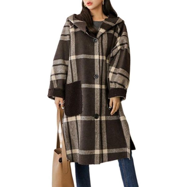 women's wool & blends temperament woolen coat 2021 winter color matching and thin hooded trench fashionable clothing, Black
women's wool & blends temperament woolen coat 2021 winter color matching and thin hooded trench fashionable clothing, Black