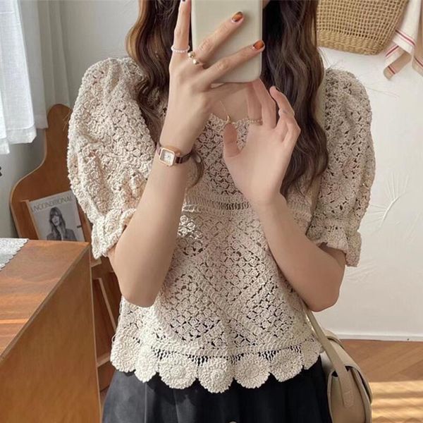 women's blouses & shirts 2021 summer korean pullover puff sleeve hollow out crochet shirt retro women knitted lace blouse roupas femin, White
women's blouses & shirts 2021 summer korean pullover puff sleeve hollow out crochet shirt retro women knitted lace blouse roupas femin, White