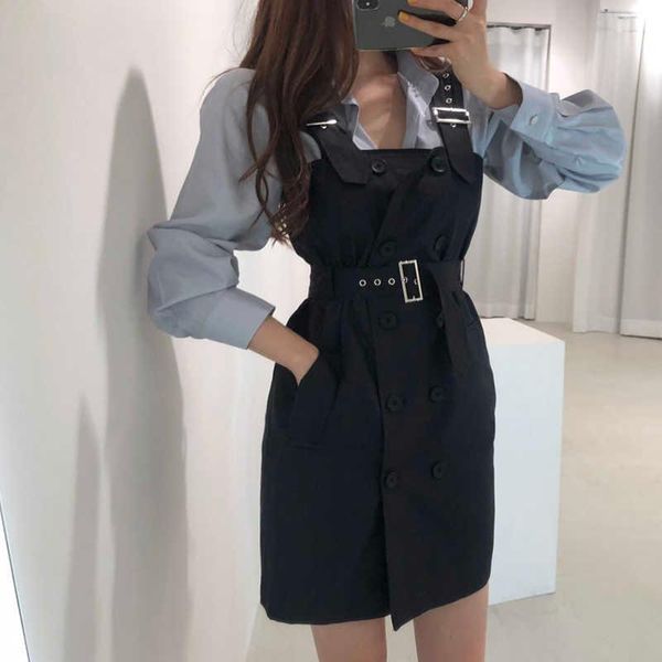 casual dresses wenfly women suspender double breasted sashes mini dress turn down collar long sleeve shirt korean femme two piece sets, Black;gray
casual dresses wenfly women suspender double breasted sashes mini dress turn down collar long sleeve shirt korean femme two piece sets, Black;gray