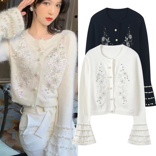 women's sweaters female casual shirt, short knitted jacket with round collar, pearls and beads, black white, urban fashion, spring/autu, White;black