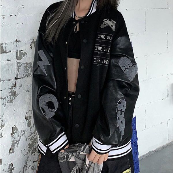 women's jackets splicing leather bomber women coat couple baseball jacket 2021 autumn boyfriend style varsity hiphop streetwear, Black;brown
women's jackets splicing leather bomber women coat couple baseball jacket 2021 autumn boyfriend style varsity hiphop streetwear, Black;brown