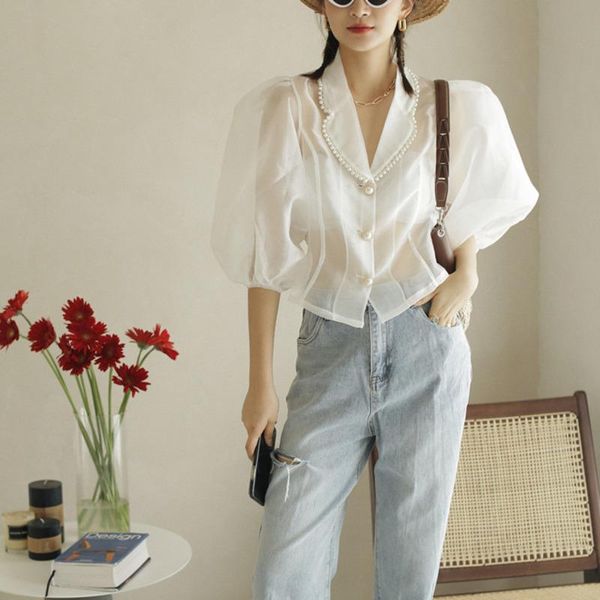 women's blouses & shirts bead vintage puff sleeve transparent korean blouse women summer shirt lapel designer see through fashion 2021, White
women's blouses & shirts bead vintage puff sleeve transparent korean blouse women summer shirt lapel designer see through fashion 2021, White