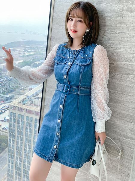 casual dresses jacquard mesh stitching single breasted denim dress with diamond 2021 spring pattern, Black;gray
casual dresses jacquard mesh stitching single breasted denim dress with diamond 2021 spring pattern, Black;gray