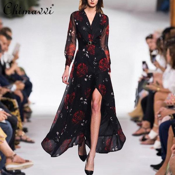 casual dresses european style dress 2021 autumn fashion model v-neck vintage rose printed high waist slimming slit maxi, Black;gray 
casual dresses european style dress 2021 autumn fashion model v-neck vintage rose printed high waist slimming slit maxi, Black;gray