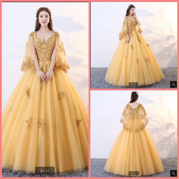 robe de soiree gold tulle vintage ball gown prom dress modest v neck with cape lace appliques party dresses beaded sweet 16 princess puffy l, Black
robe de soiree gold tulle vintage ball gown prom dress modest v neck with cape lace appliques party dresses beaded sweet 16 princess puffy l, Black