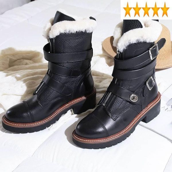 boots genuine cowhide winter leather women ankle brand buckle high shearling biker shoes zipper thick wool lining snow, Black
boots genuine cowhide winter leather women ankle brand buckle high shearling biker shoes zipper thick wool lining snow, Black