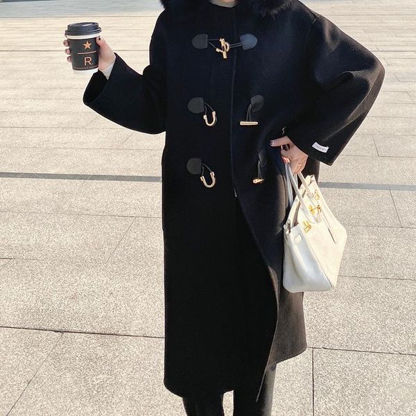 women's wool & blends ox horn button turn-down collar real coat with pockets womens high fashion casual solid loose mid-length outerwea, Black
women's wool & blends ox horn button turn-down collar real coat with pockets womens high fashion casual solid loose mid-length outerwea, Black
