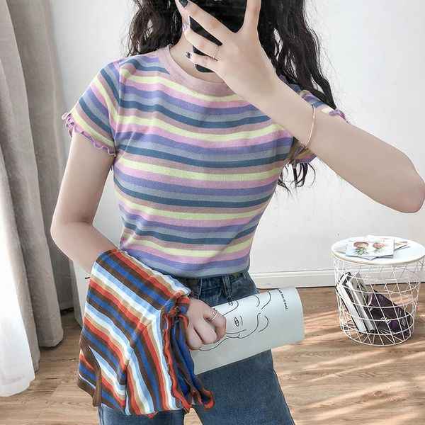 summer sweet rainbow stripe women t-shirt knitted short sleeve clothes vogue tee shirt femme camisa mujer women's, White
summer sweet rainbow stripe women t-shirt knitted short sleeve clothes vogue tee shirt femme camisa mujer women's, White