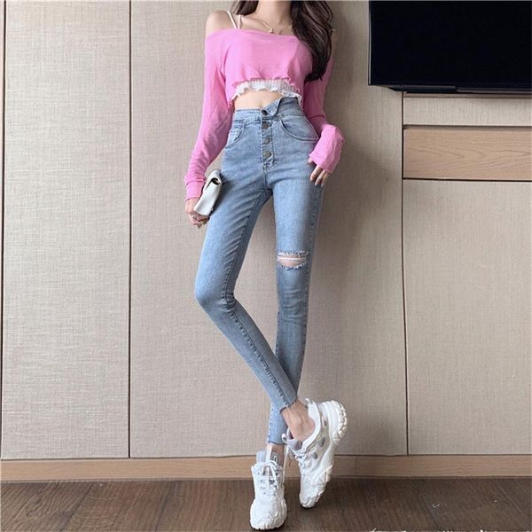 women's jeans real s 2021 fashion design sense breasted high waist stretch all-match retro hole casual pencil, Blue 
women's jeans real s 2021 fashion design sense breasted high waist stretch all-match retro hole casual pencil, Blue