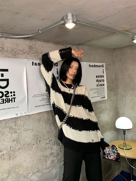 jccc shadow crew neck striped pullover sweater women's spring and autumn hole lazy sweater loose thin blouse top, White;black
jccc shadow crew neck striped pullover sweater women's spring and autumn hole lazy sweater loose thin blouse top, White;black