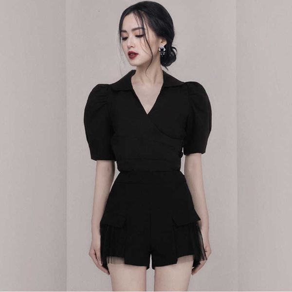 luxury evening dress 2021 thai fashion brand temperament v-neck bubble sleeve thin lace shorts two-piece suit women, Black;gray 
luxury evening dress 2021 thai fashion brand temperament v-neck bubble sleeve thin lace shorts two-piece suit women, Black;gray