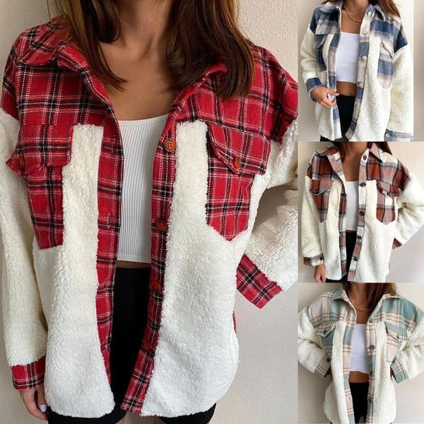 women's jackets 2021 veste femme fashion women lapel plaid patchwork warm buttons cardigan plush coat giacca donna chaquetas de mujer, Black;brown
women's jackets 2021 veste femme fashion women lapel plaid patchwork warm buttons cardigan plush coat giacca donna chaquetas de mujer, Black;brown