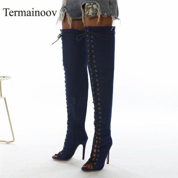 boots termaioov women high heels lace up over the knee open toe gladiator denim long boot summer cool, Black
boots termaioov women high heels lace up over the knee open toe gladiator denim long boot summer cool, Black