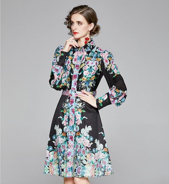 runway designer female spring summer women elegant single-breasted flower print fashion casual vintage slim dresses sashes 210514, Black;gray
runway designer female spring summer women elegant single-breasted flower print fashion casual vintage slim dresses sashes 210514, Black;gray