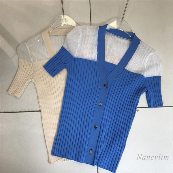 women's t-shirt stretch knitted t shirt women 2021 summer micro transparent mesh stitching v-neck slim single-breasted short sleeve kni, White
women's t-shirt stretch knitted t shirt women 2021 summer micro transparent mesh stitching v-neck slim single-breasted short sleeve kni, White
