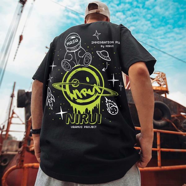 t shirt guochao hip hop astronaut print chao brand spring summer ins short sleeve men's cotton loose large round neck half bf, White;black
t shirt guochao hip hop astronaut print chao brand spring summer ins short sleeve men's cotton loose large round neck half bf, White;black