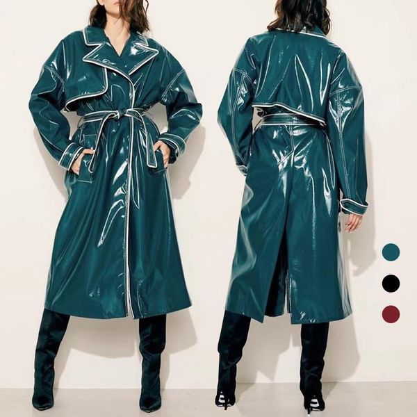 women's leather & faux luxury women shiny pu trench coat loose belted long winter female outwears casual coats, Black
women's leather & faux luxury women shiny pu trench coat loose belted long winter female outwears casual coats, Black