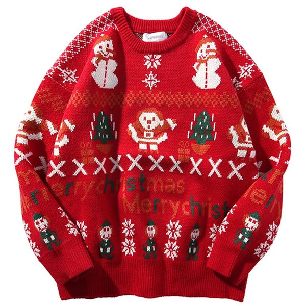 

snowflake letter red christmas sweater men hip hop harajuku vintage new year thicken warm knitted pullover woman loose sweater, White;black