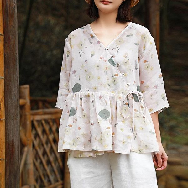 women's t-shirt fairynatural ladies vintage print floral button belt t-shirts and v-neck women 2021 summer ramie loose tees, White
women's t-shirt fairynatural ladies vintage print floral button belt t-shirts and v-neck women 2021 summer ramie loose tees, White