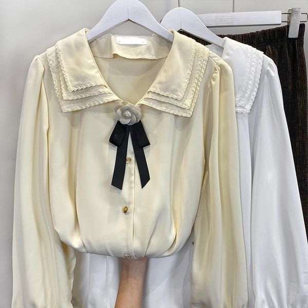 women's t-shirt bowknot flower lapel single-breasted cardigan autumn 2021 loose and thin long-sleeved bottoming shirt, White
women's t-shirt bowknot flower lapel single-breasted cardigan autumn 2021 loose and thin long-sleeved bottoming shirt, White