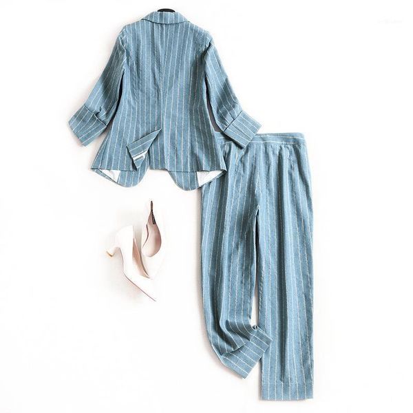 women's two piece pants cotton linen outfits suit spring 2021 striped blazer slim waist coat cigarette blue two-piece set, White
women's two piece pants cotton linen outfits suit spring 2021 striped blazer slim waist coat cigarette blue two-piece set, White