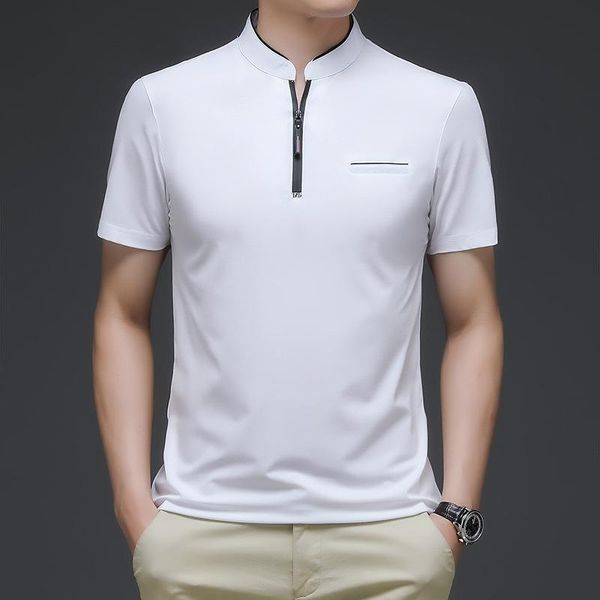 men's polos summer stand collar shirt solid color casual loose fashion trend t-shirt, White;black 
men's polos summer stand collar shirt solid color casual loose fashion trend t-shirt, White;black