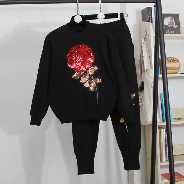 women's two piece pants knitted tracksuit set women handwork rose sequins pullover sweater long 2pc female loose casual black yl8s, White
women's two piece pants knitted tracksuit set women handwork rose sequins pullover sweater long 2pc female loose casual black yl8s, White
