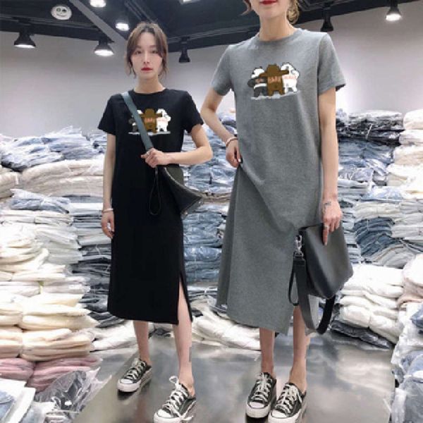 women's t-shirt hepburn style loose and slim dress casual medium length over knee summer small black split skirt xfnu, White
women's t-shirt hepburn style loose and slim dress casual medium length over knee summer small black split skirt xfnu, White