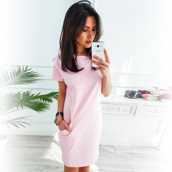 casual dresses o-neck short sleeve solid party dress loose straight fashion pockets elegant feminina vestidos vintage women summer 2021, Black;gray
casual dresses o-neck short sleeve solid party dress loose straight fashion pockets elegant feminina vestidos vintage women summer 2021, Black;gray