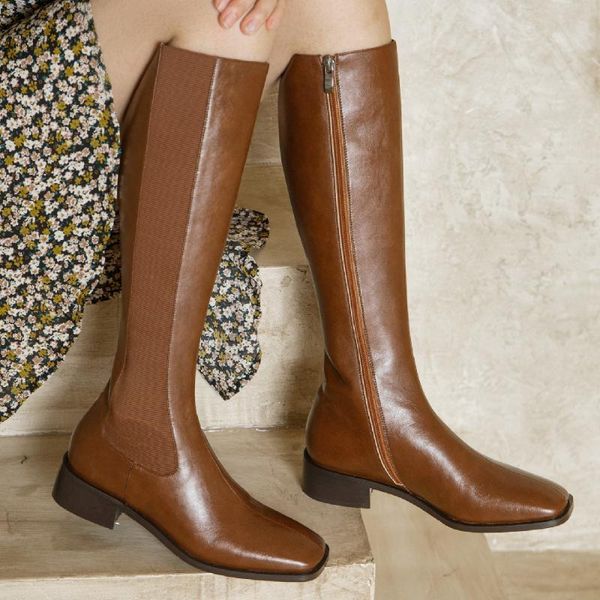 women's genuine leather stretch fabric patchwork autumn srping winter knee high knight boots square toe casual long shoes, Black
women's genuine leather stretch fabric patchwork autumn srping winter knee high knight boots square toe casual long shoes, Black