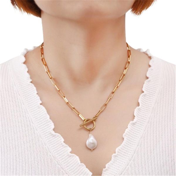 pendant necklaces temperament female paper clip chain golden special-shaped baroque freshwater pearl stone stainless steel necklace, Silver
pendant necklaces temperament female paper clip chain golden special-shaped baroque freshwater pearl stone stainless steel necklace, Silver