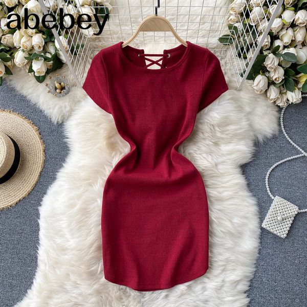 design lace up backless dress women o neck short sleeve slim pencil es summer korean streetwear mini 210512, Black;gray
design lace up backless dress women o neck short sleeve slim pencil es summer korean streetwear mini 210512, Black;gray