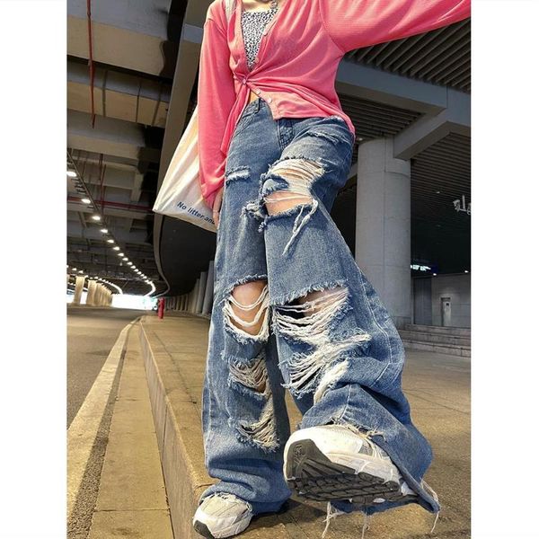 women's jeans spring and autumn ripped high waist loose straight pants wide leg y2k street, Blue
women's jeans spring and autumn ripped high waist loose straight pants wide leg y2k street, Blue