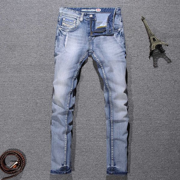 italian style fashion men jeans distred light blue elastic cotton ripped vintage retro designer slim denim pants
italian style fashion men jeans distred light blue elastic cotton ripped vintage retro designer slim denim pants