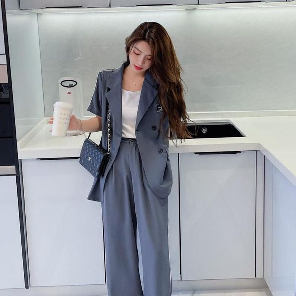 women's two piece pants a two-piece set consisting of short sleeved jacket, black casual suit and loose trouser legs, White
women's two piece pants a two-piece set consisting of short sleeved jacket, black casual suit and loose trouser legs, White