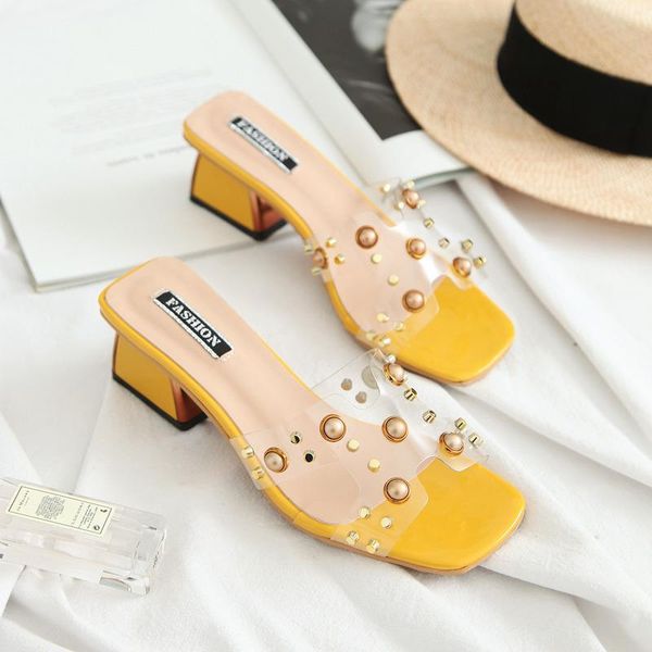 slippers clear transparent mules shoes woman ladies female pearl rivet square med heels peep toe party women beach, Black 
slippers clear transparent mules shoes woman ladies female pearl rivet square med heels peep toe party women beach, Black