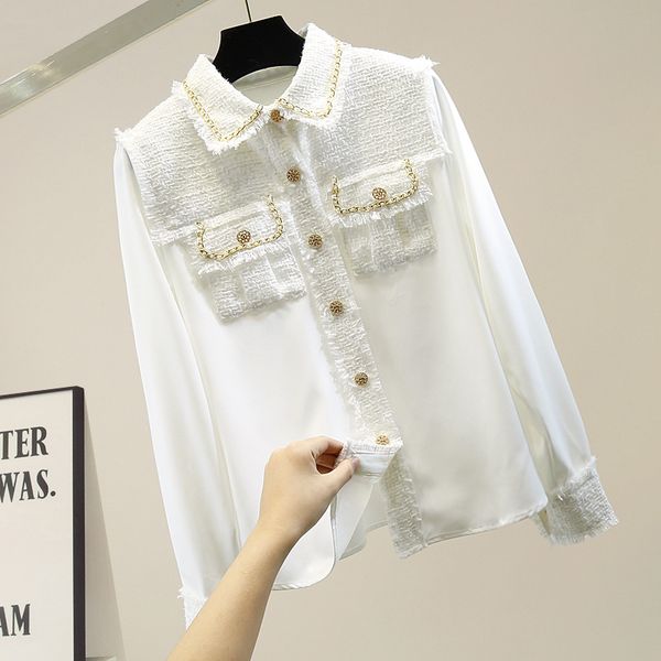 jsxdhk 2021 new runway designer autumn shirt fashion women tweed patchwork chiffon gold single breasted tassel weave blouses, White
jsxdhk 2021 new runway designer autumn shirt fashion women tweed patchwork chiffon gold single breasted tassel weave blouses, White