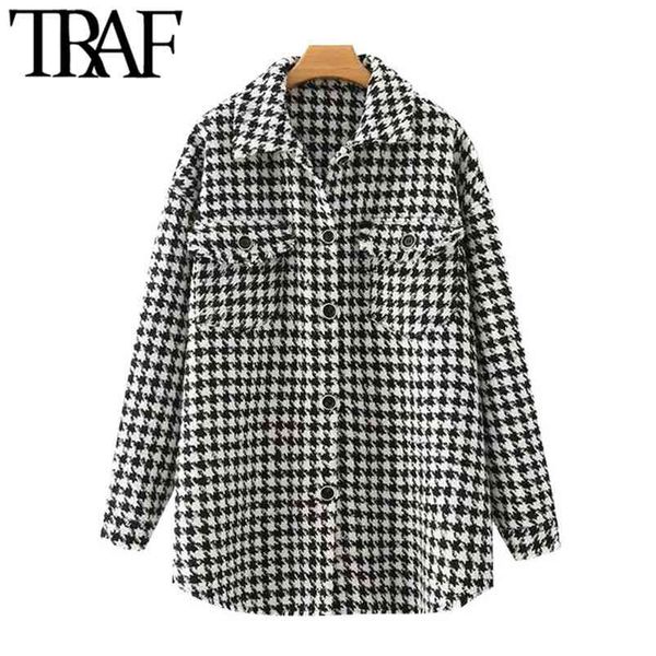 women fashion oversized houndstooth frayed tweed jacket coat vintage long sleeve pockets female outerwear chic 210507, Black;brown
women fashion oversized houndstooth frayed tweed jacket coat vintage long sleeve pockets female outerwear chic 210507, Black;brown