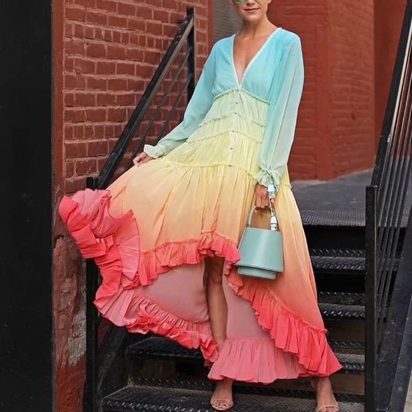 vintage rainbow print beach maxi dress long sleeve v neck bohemian vestidos high waist boho gradient mujer casual dresses, Black;gray
vintage rainbow print beach maxi dress long sleeve v neck bohemian vestidos high waist boho gradient mujer casual dresses, Black;gray